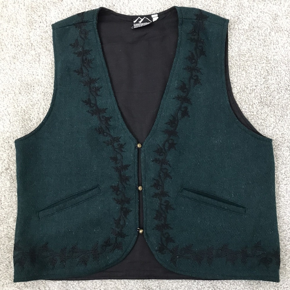 Ganesh Himal Wool Blend Embroidered Vest Womens Large Green Artisan Boho 90s